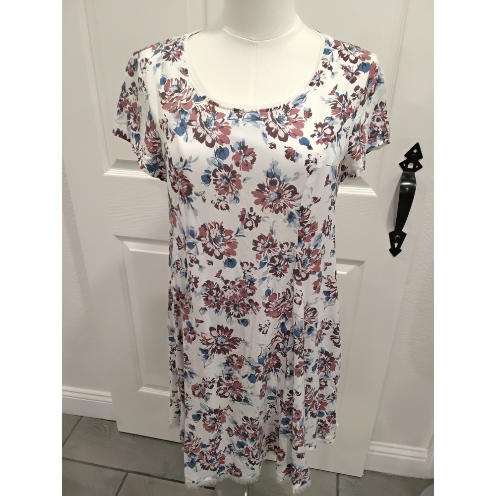 Silence + Noise Floral Shift Dress White Burgundy Blue Short Sleeve Fringe Small